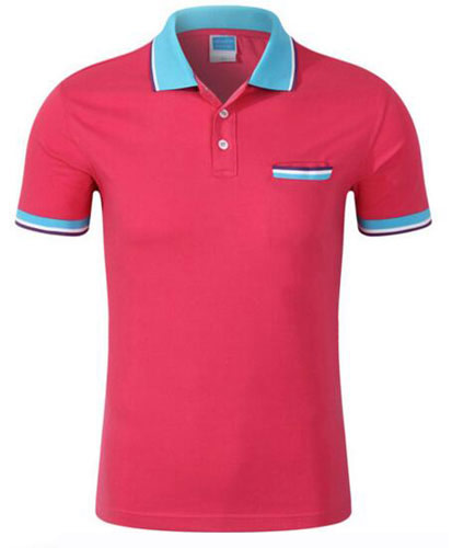 玫紅色翻領帶口袋T恤衫定制款式圖片