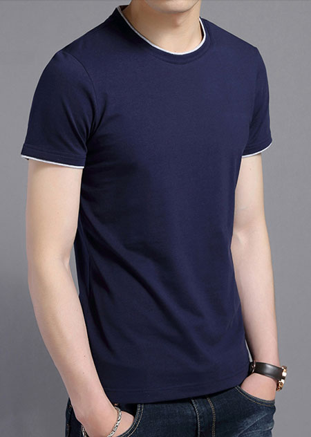 短袖圓領T恤衫訂做,藏色嵌花灰邊款式模板圖二