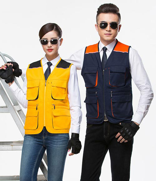 藏藍色拼桔色多口袋拉鏈款工裝馬甲定做款式模板圖二