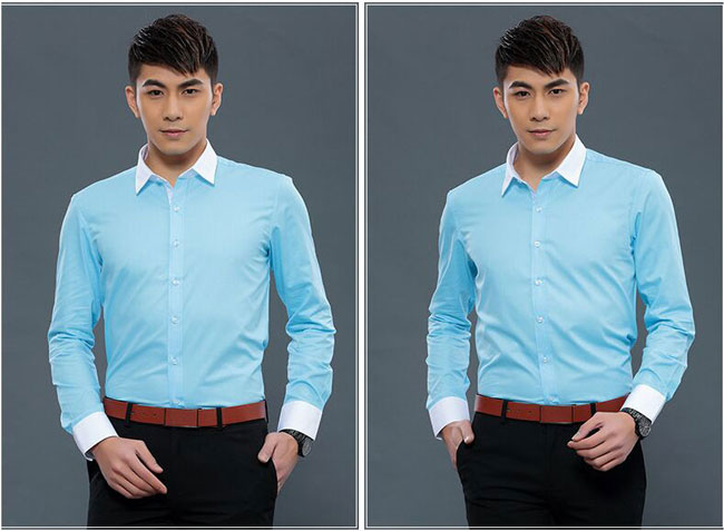 淺湖藍配白色領職業襯衫工作服訂做模特效果圖片