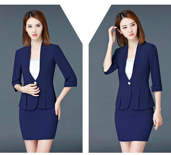 藍(lán)色營業(yè)員工作服套裙款式模特展示圖二
