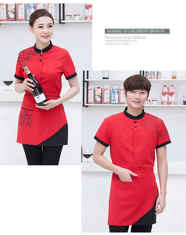 紅色短袖餐飲服務(wù)員工作服訂做款式圖