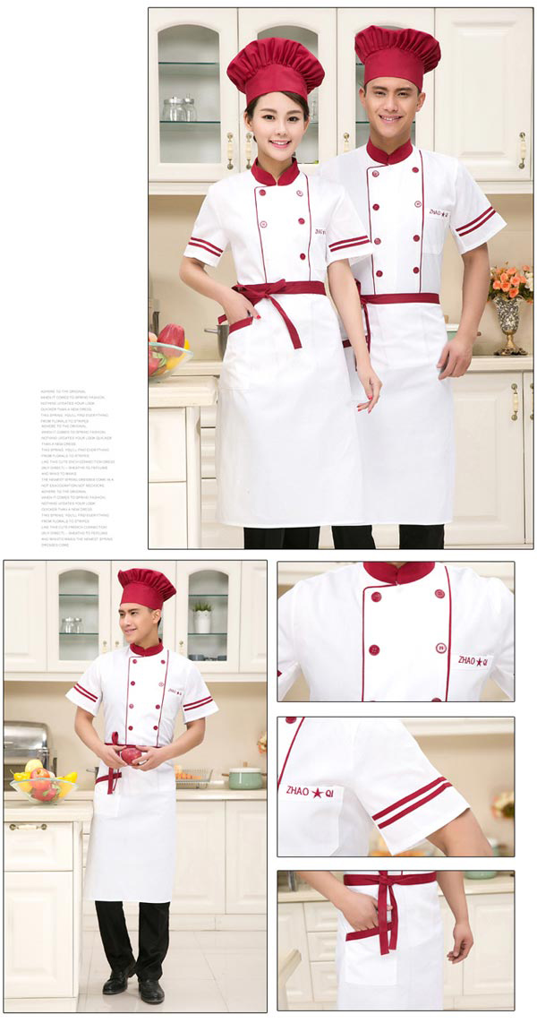 新款紅白搭配短袖廚師服定做款式細節展示圖