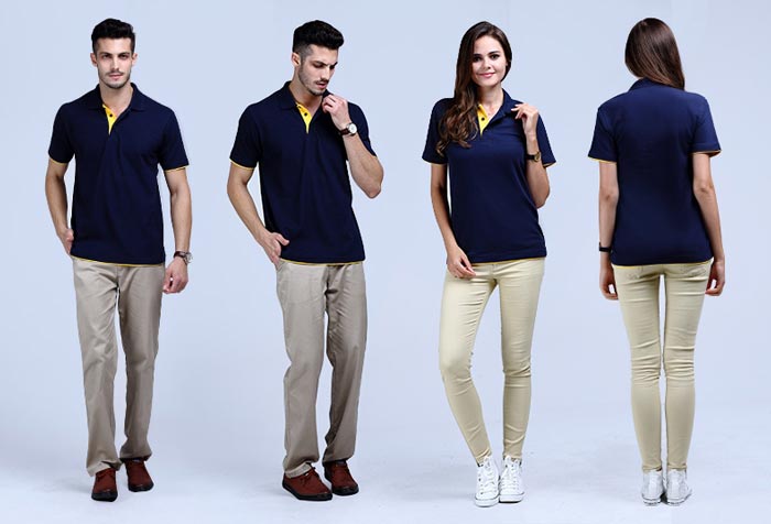 藏青色雙下擺翻領t恤衫款式前后效果展示圖