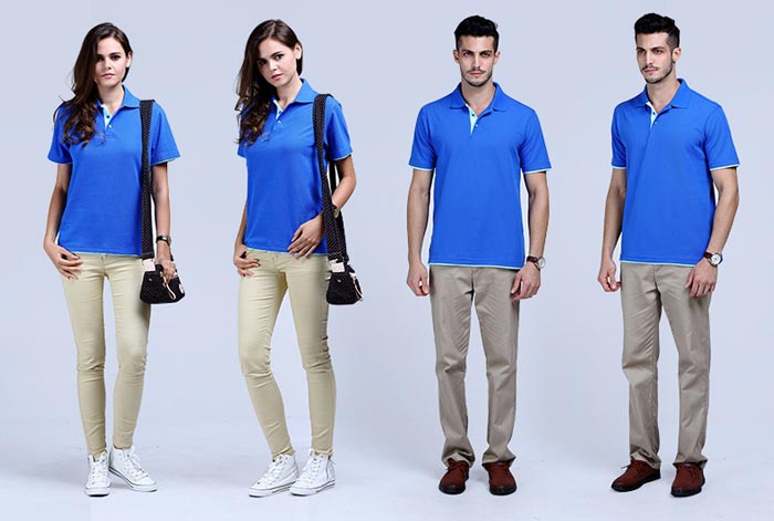 藍色雙下擺短袖翻領t恤衫款式前后效果展示圖