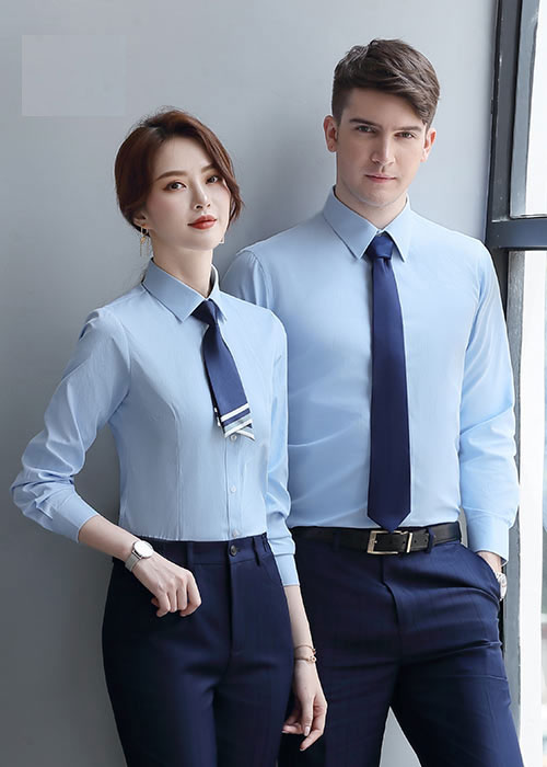 時尚藍色男女款職業(yè)長袖襯衫定做