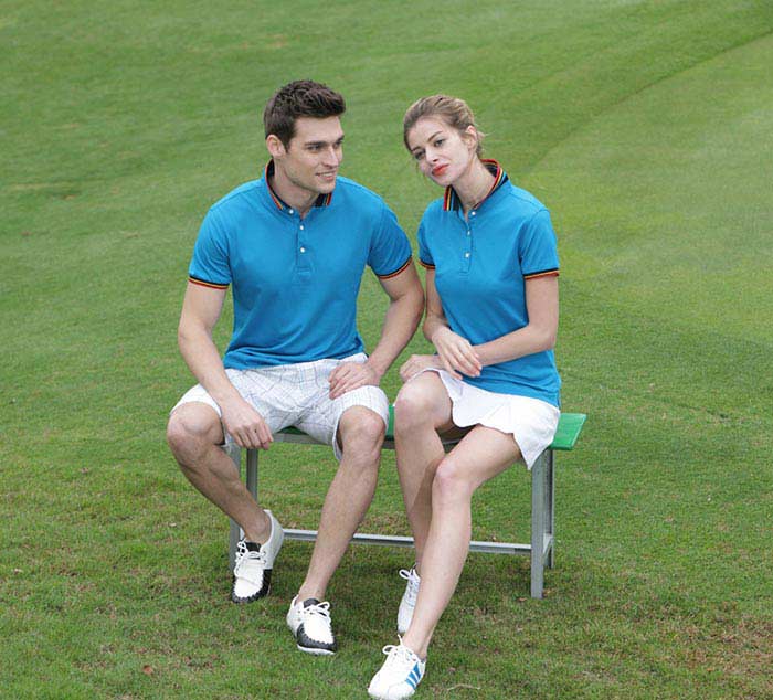 孔藍色款彩虹領短袖T恤衫定做男女模特效果圖,現貨翻領短袖POLO衫制作LOGO